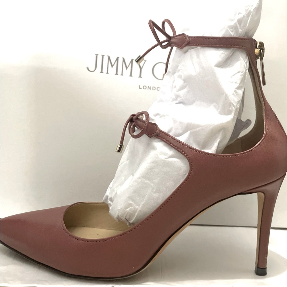 Jimmy Choo 
Ankle straps, genuine leather
Tan pink nude color
Made in Italy